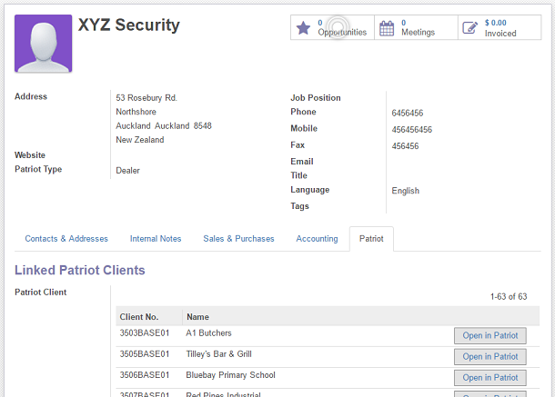 Odoo dealer customers display assigned clients on the Patriot tab.