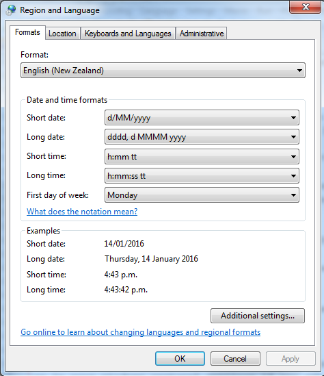 Control Panel Region and language settings