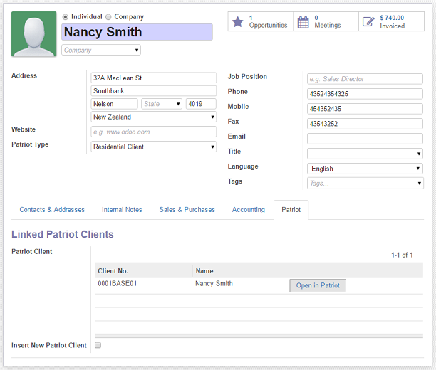 Odoo customers are kept insync. with linked Patriot client[s]
